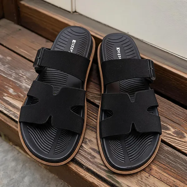 Black_Synthetic_Leather_Adjustable_Buckle_Strap_Sandals_For_Men