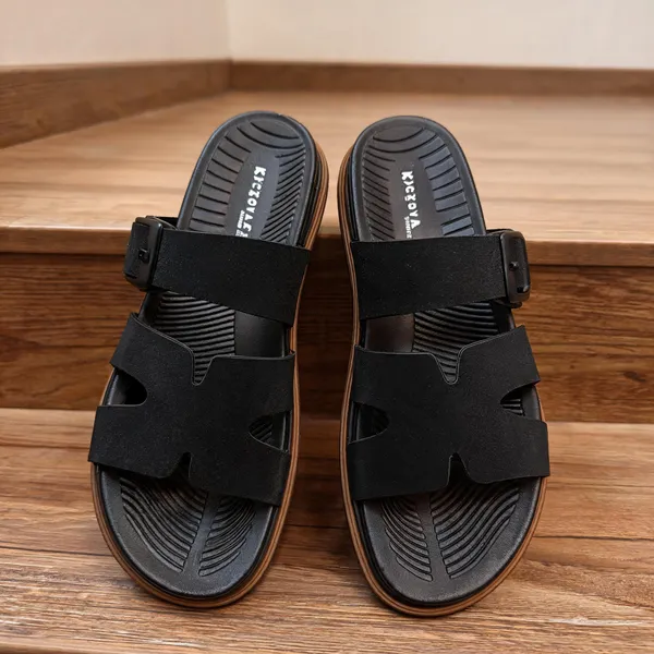 Black_Synthetic_Leather_Adjustable_Buckle_Strap_Sandals_For_Men