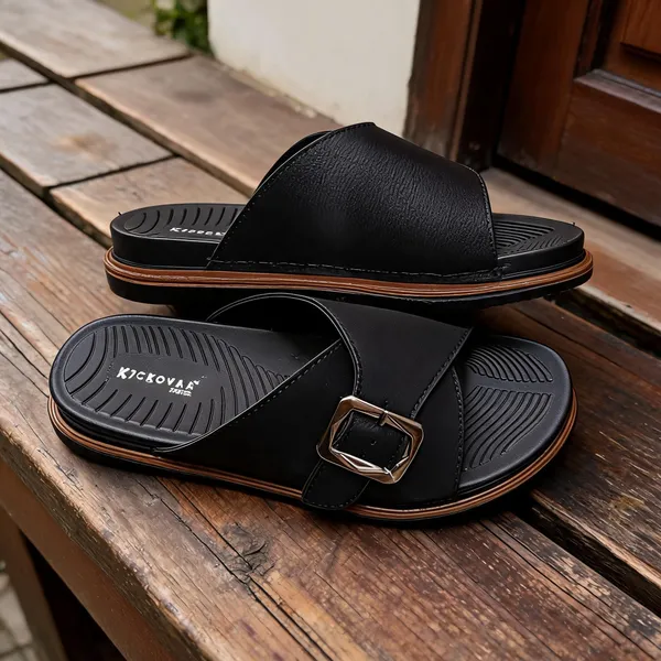 Black_Synthetic_Leather_Textured_Cross_Strap_Buckle_Sandals_For_Men