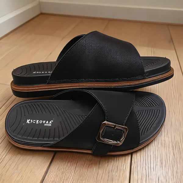Black_Synthetic_Leather_Textured_Cross_Strap_Buckle_Sandals_For_Men