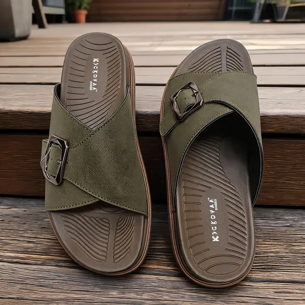 Olive_Synthetic_Leather_Textured_Cross_Strap_Buckle_Sandals_For_Men