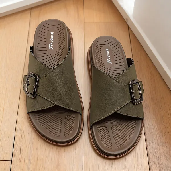 Olive_Synthetic_Leather_Textured_Cross_Strap_Buckle_Sandals_For_Men