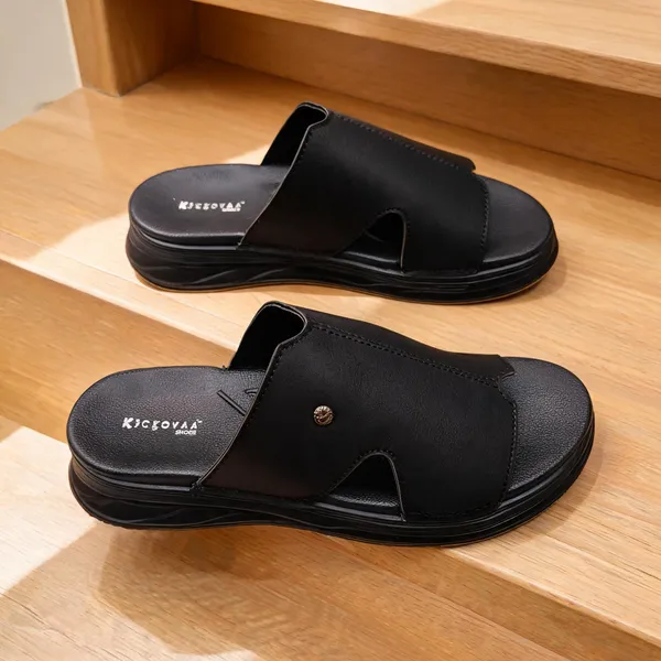 Black_Synthetic_Leather_Textured_Slip-On_Sandals_For_Men
