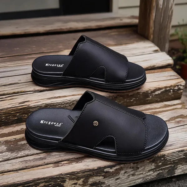 Black_Synthetic_Leather_Textured_Slip-On_Sandals_For_Men