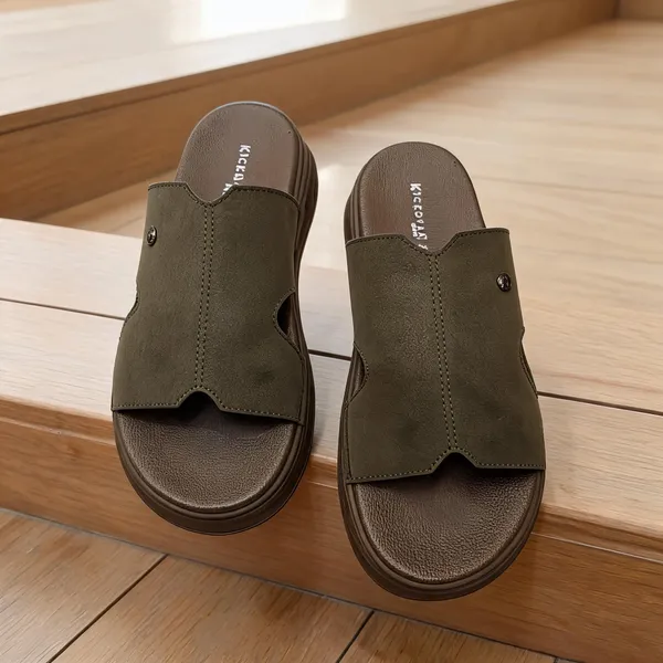 Olive_Synthetic_Leather_Slip-On_Slide_Sandals_For_Men