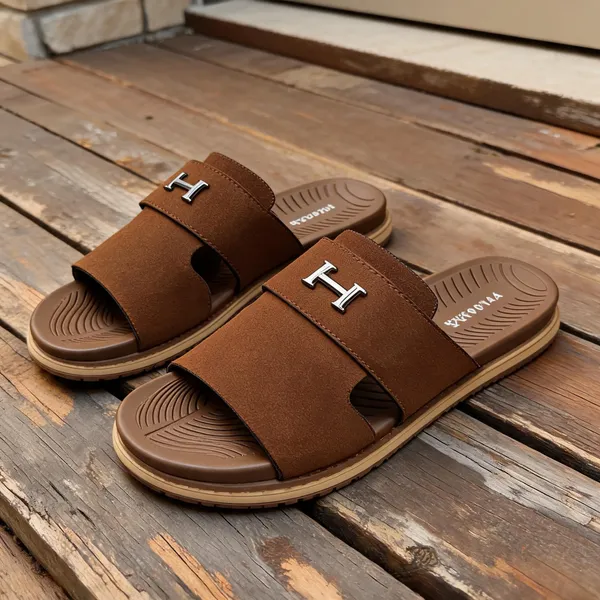 Brown_Synthetic_Leather_Slip-On_H-Emblem_Slide_Sandals_For_Men