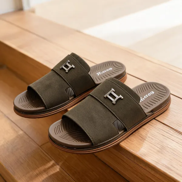 Olive_Synthetic_Leather_Slip-On_H-Emblem_Slide_Sandals_For_Men
