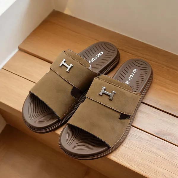 Brown_Synthetic_Leather_Slip-On_H-Emblem_Sandals_For_Men