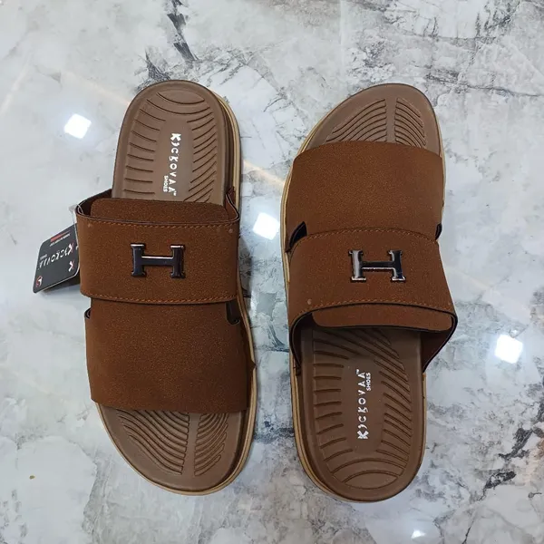 Brown_Synthetic_Leather_Slip-On_H-Emblem_Slide_Sandals_For_Men
