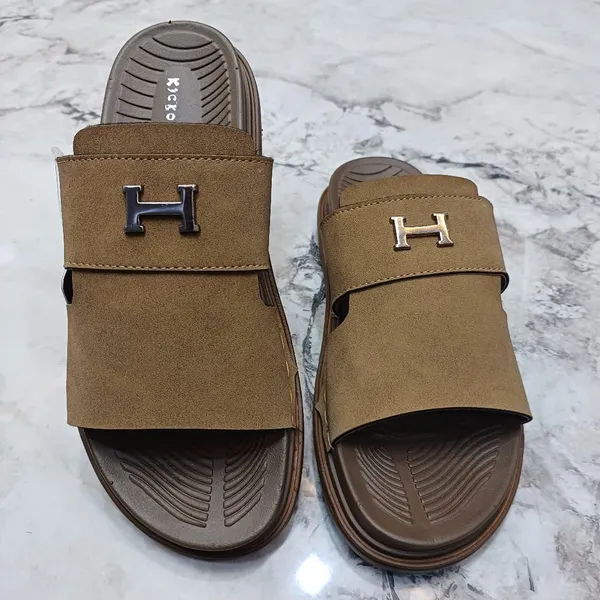 Brown_Synthetic_Leather_Slip-On_H-Emblem_Sandals_For_Men
