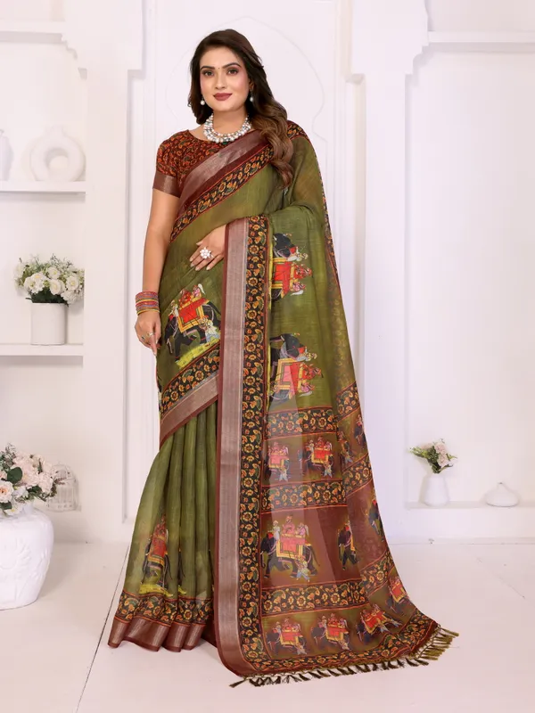 Brown_Linen_Elephant_Motif_Ethnic_Saree_For_Women
