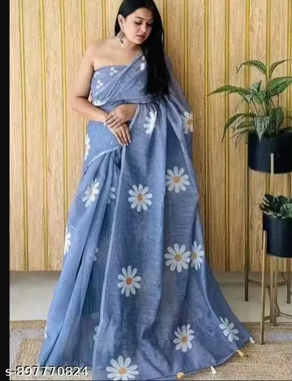 Blue_Linen_Floral_Print_Saree_For_Women