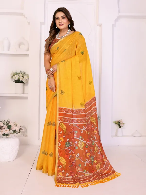 Mustard_Linen_Floral_Paisley_Print_Saree_For_Women