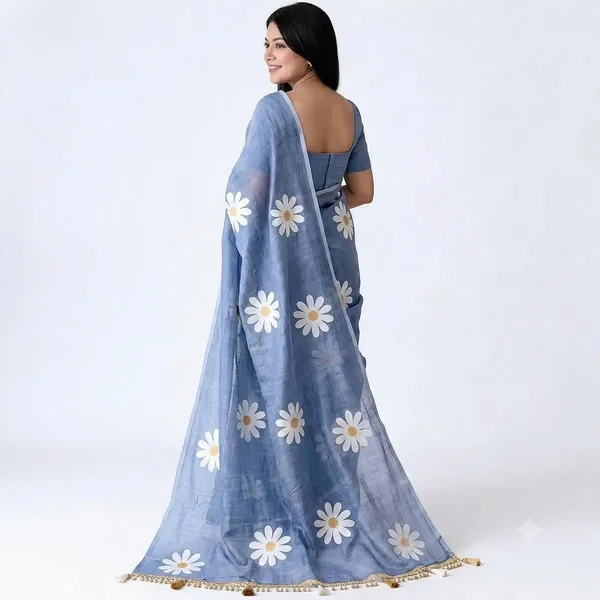 Blue_Linen_Floral_Print_Saree_For_Women