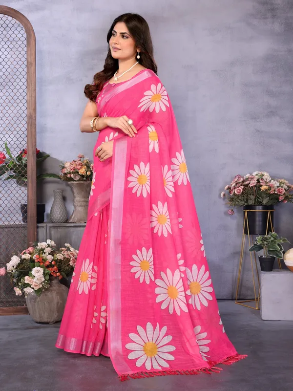 Pink_Linen_Floral_Print_Saree_For_Women