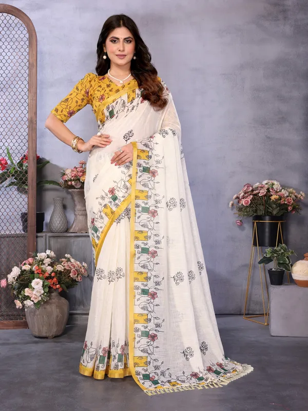 Ivory_Linen_Floral_Print_Saree_For_Women