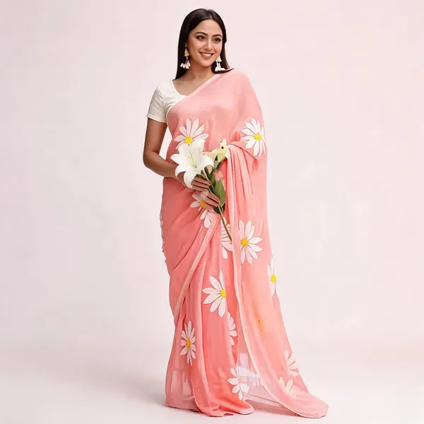 Peach_Linen_Floral_Print_Saree_For_Women