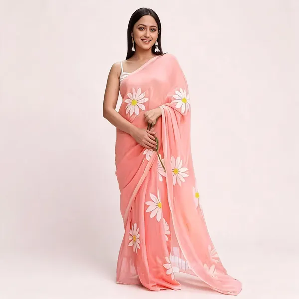 Peach_Linen_Floral_Print_Saree_For_Women