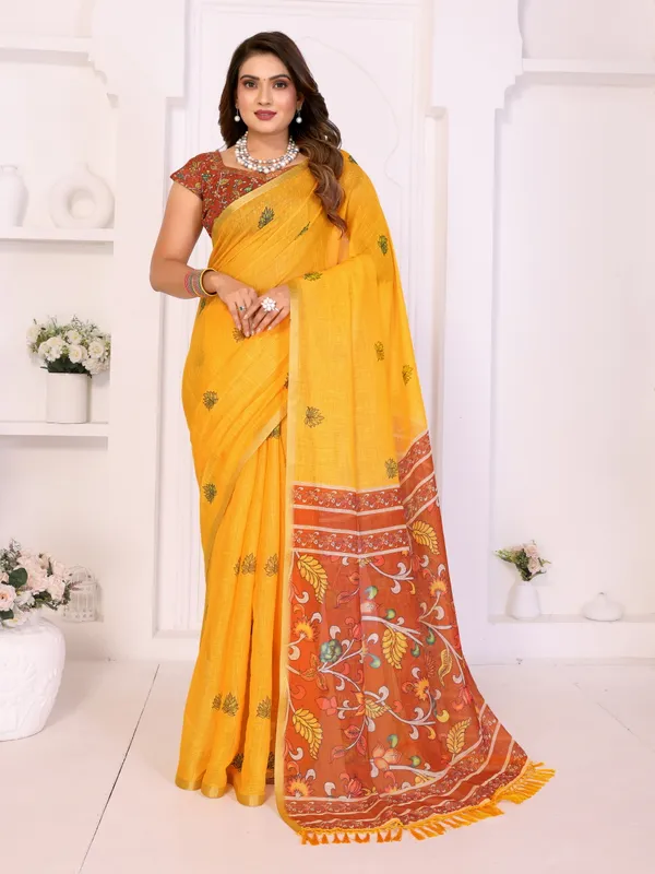 Mustard_Linen_Floral_Paisley_Print_Saree_For_Women