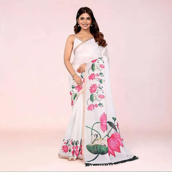 White_Linen_Lotus_Print_Saree_For_Women