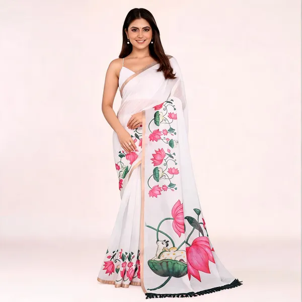 White_Linen_Lotus_Print_Saree_For_Women