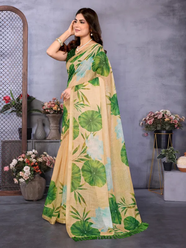 Beige_Linen_Botanical_Print_Saree_For_Women