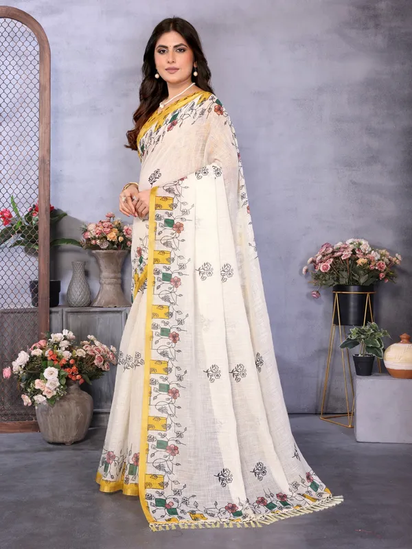 Ivory_Linen_Floral_Print_Saree_For_Women