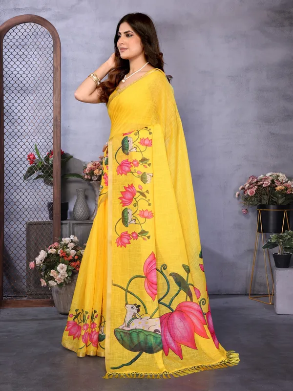 Yellow_Linen_Floral_Printed_Saree_For_Women