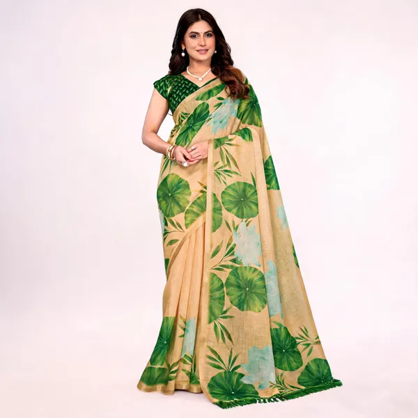 Beige_Linen_Botanical_Print_Saree_For_Women