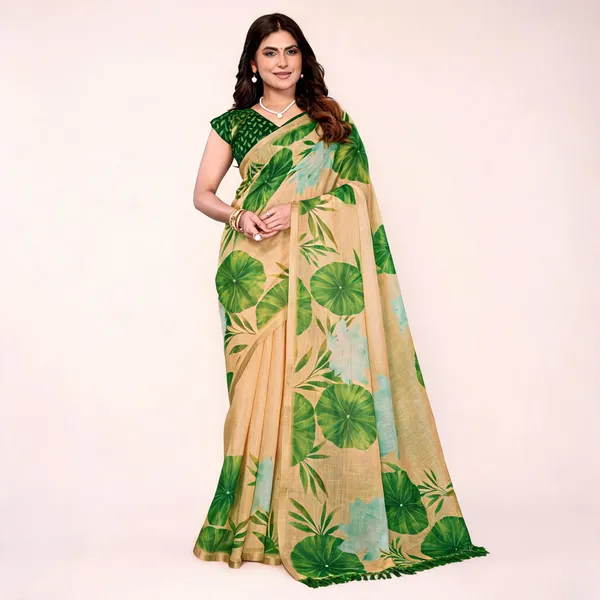 Beige_Linen_Botanical_Print_Saree_For_Women