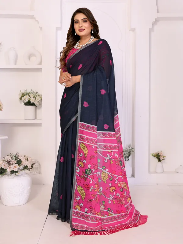 Navy_Linen_Floral_Printed_Saree_For_Women