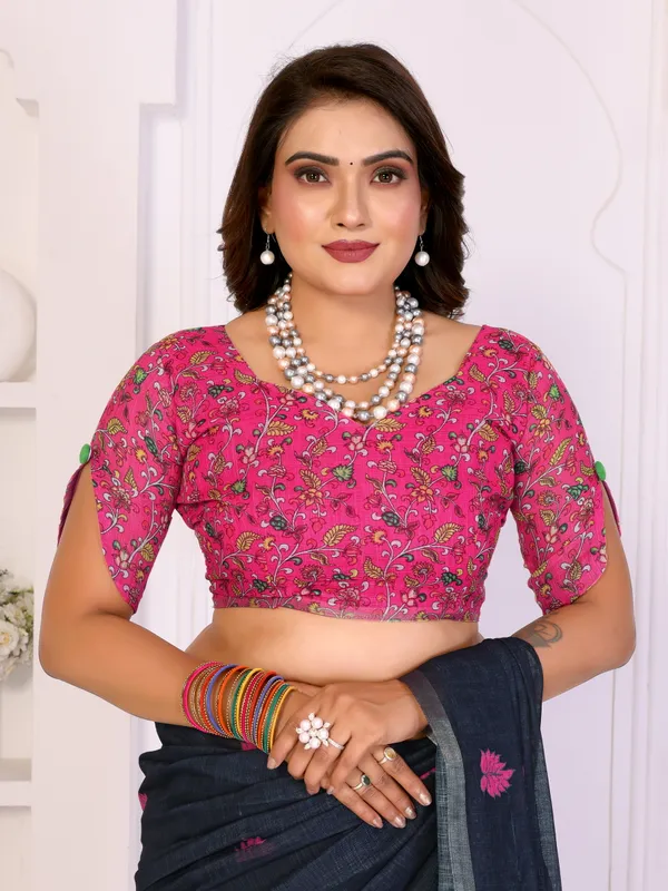 Navy_Linen_Floral_Printed_Saree_For_Women