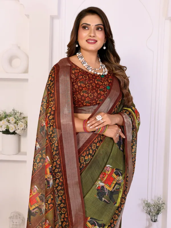 Brown_Linen_Elephant_Motif_Ethnic_Saree_For_Women