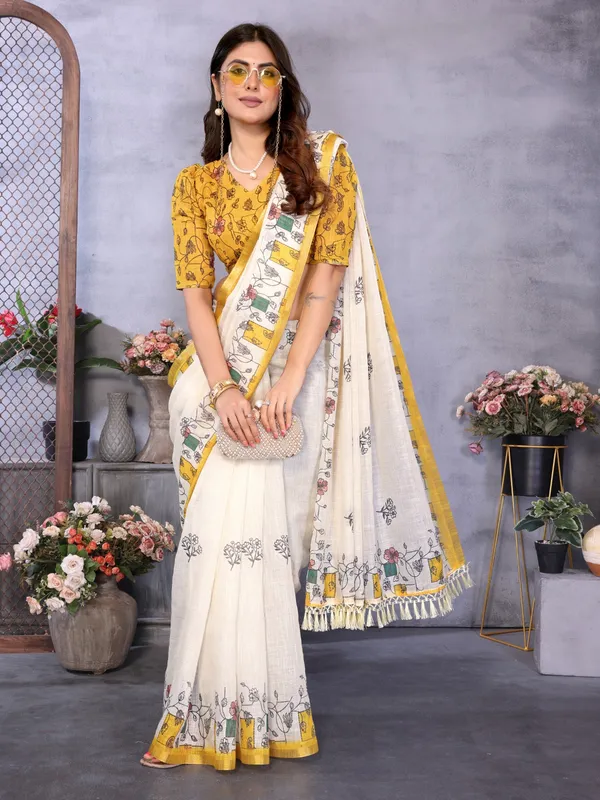Ivory_Linen_Floral_Print_Saree_For_Women