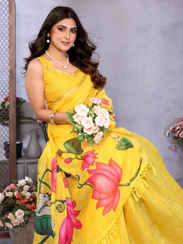 Yellow_Linen_Floral_Printed_Saree_For_Women