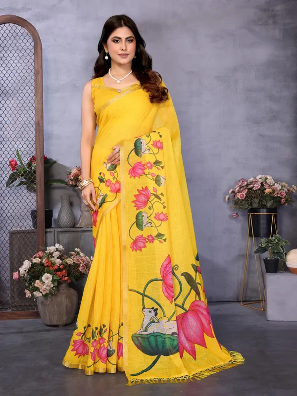 Yellow_Linen_Floral_Printed_Saree_For_Women