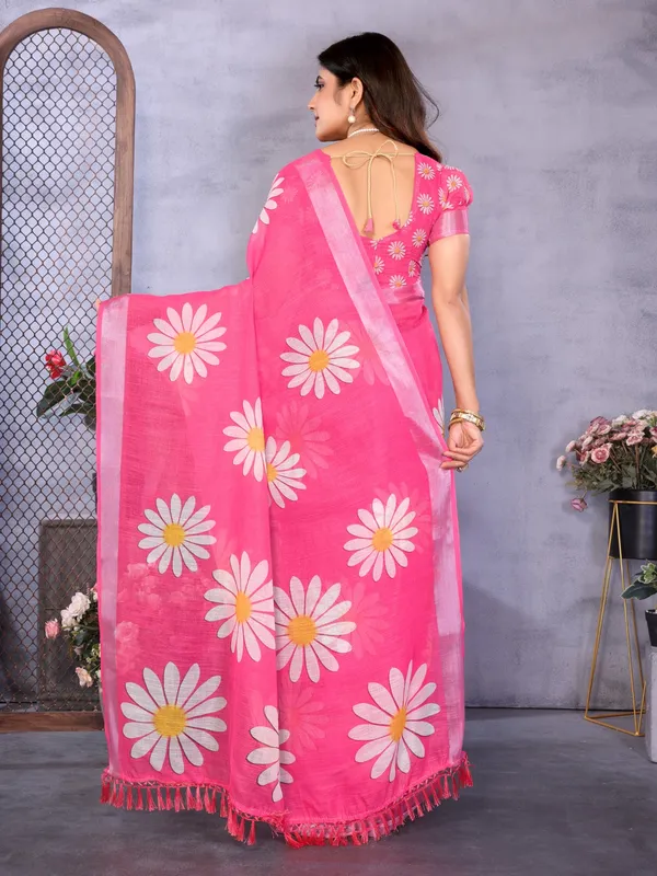 Pink_Linen_Floral_Print_Saree_For_Women