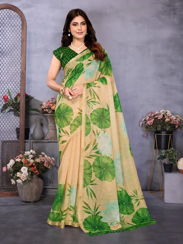 Beige_Linen_Botanical_Print_Saree_For_Women