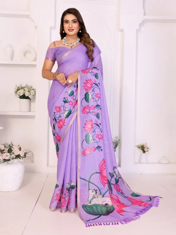 Lavender_Linen_Floral_Print_Saree_For_Women