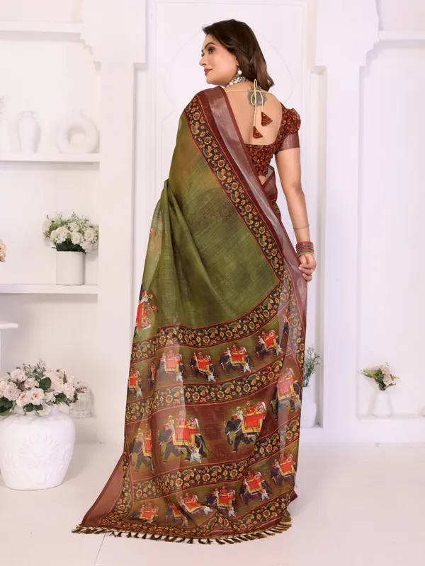 Brown_Linen_Elephant_Motif_Ethnic_Saree_For_Women