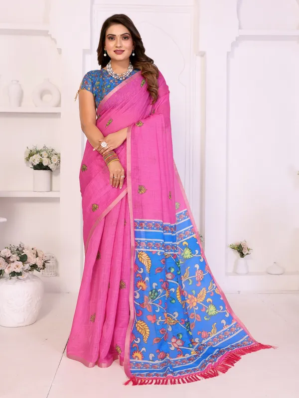 Pink_Linen_Botanical_Floral_Print_Saree_For_Women