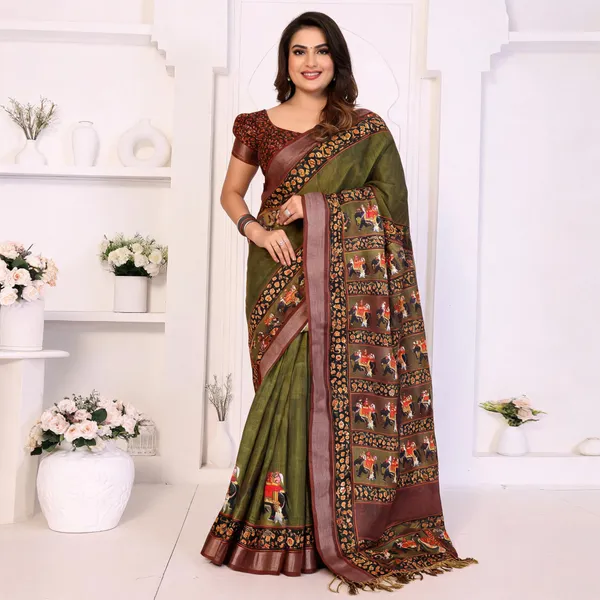 Brown_Linen_Elephant_Motif_Ethnic_Saree_For_Women
