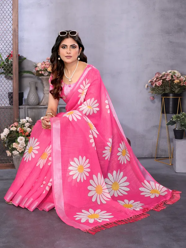 Pink_Linen_Floral_Print_Saree_For_Women