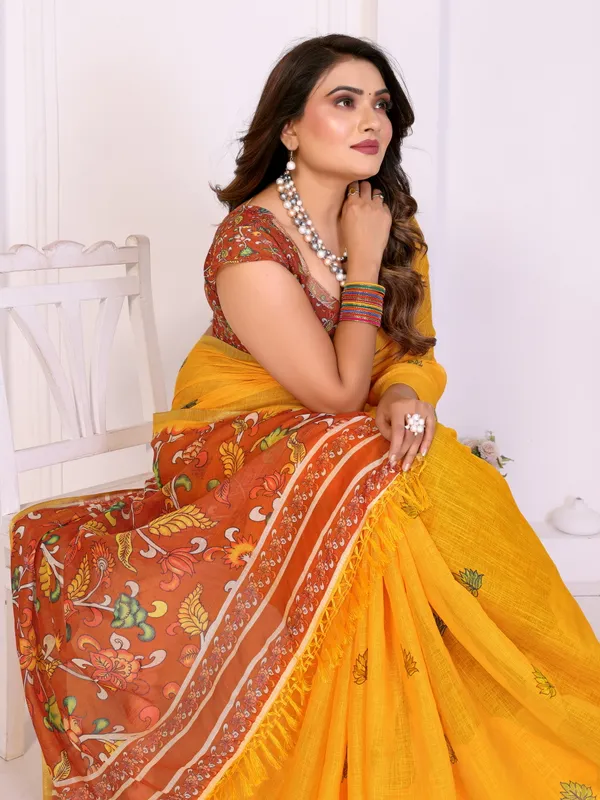 Mustard_Linen_Floral_Paisley_Print_Saree_For_Women
