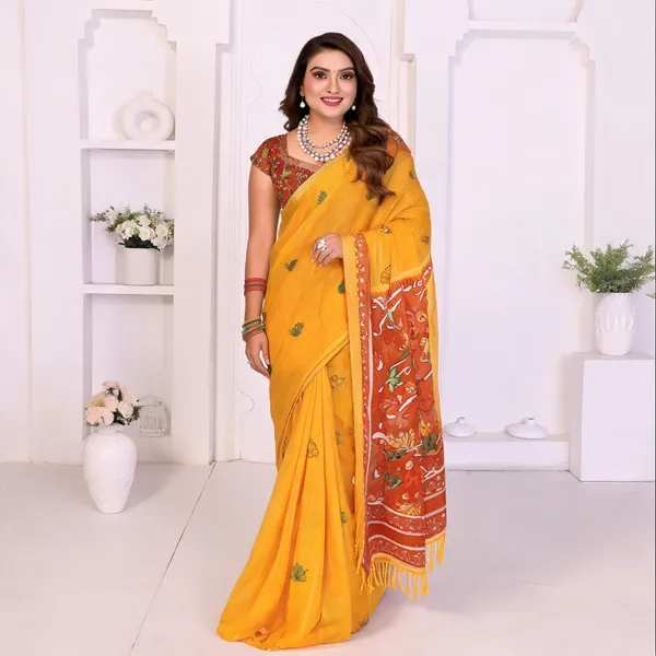 Mustard_Linen_Floral_Paisley_Print_Saree_For_Women