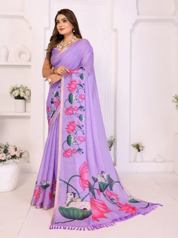 Lavender_Linen_Floral_Print_Saree_For_Women