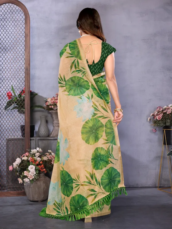 Beige_Linen_Botanical_Print_Saree_For_Women