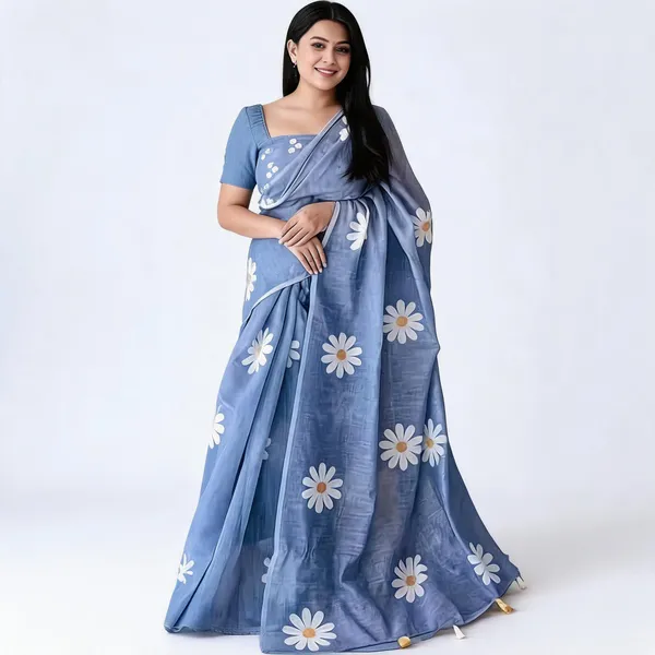 Blue_Linen_Floral_Print_Saree_For_Women