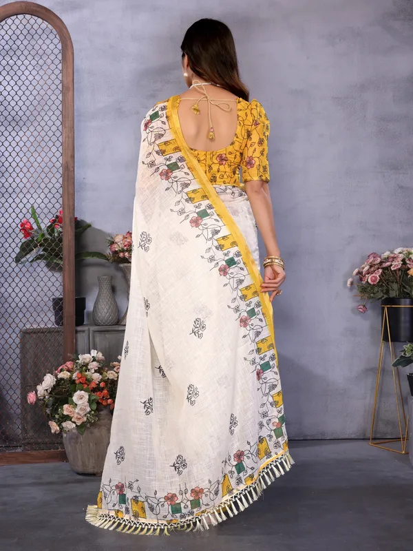 Ivory_Linen_Floral_Print_Saree_For_Women
