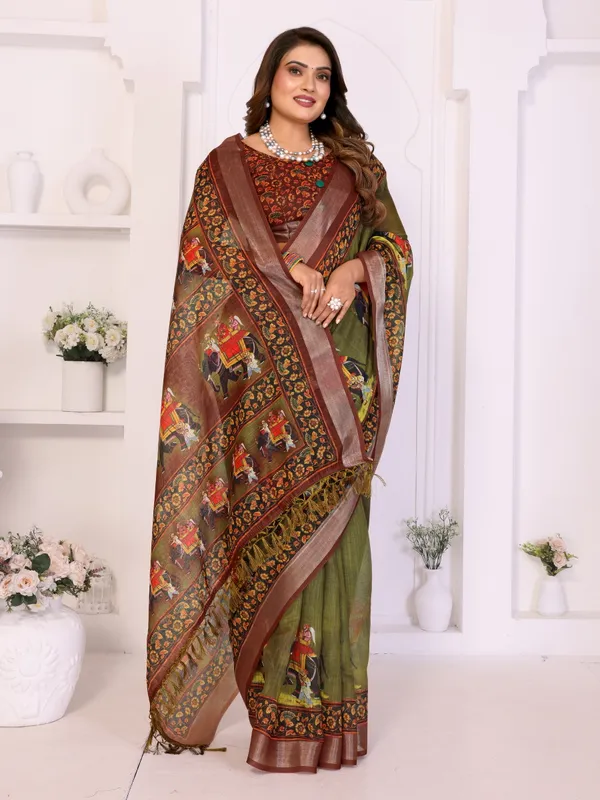 Brown_Linen_Elephant_Motif_Ethnic_Saree_For_Women